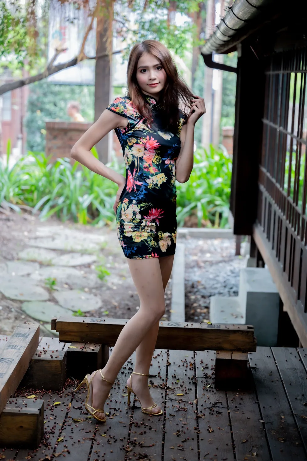 [Mzsock] NO.202 He Jiaxin black flower short cheongsam stockings high heels beautiful legs street photography#[97P]-16